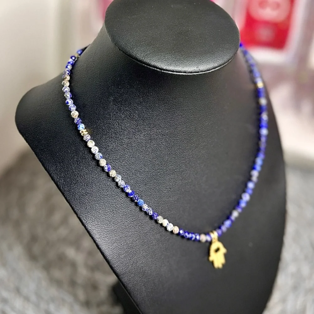 Natural Lapis Lazuli & Hamsa Hand Stainless Steel Pendant Necklace